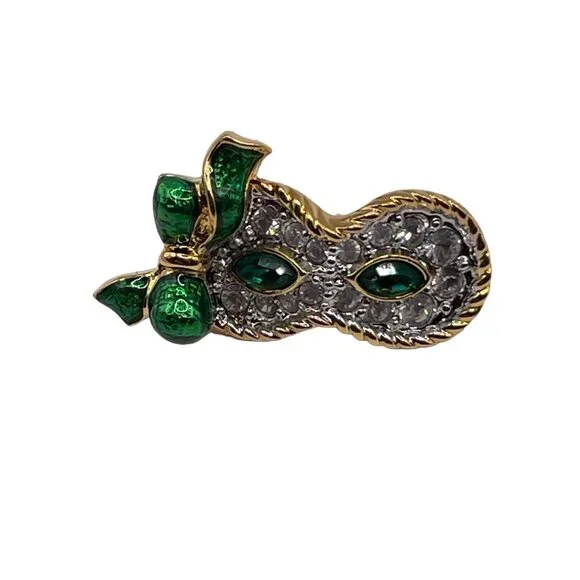 Swarovski Crystal Green Enamel Mardi Gras Mask Lapel Pin Tie Tack Signed READ! - Picture 7 of 10